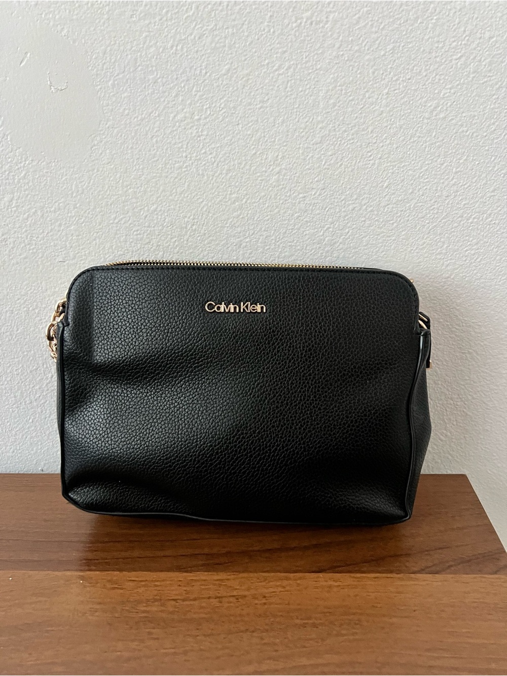Calvin Klein Black Pebbled Leather Crossbody Purse with Gold Hardware